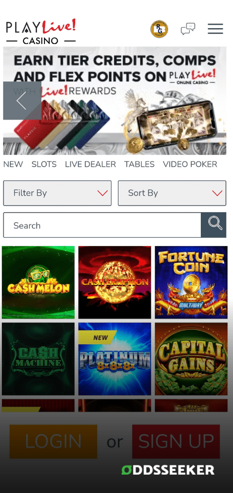 A screenshot of the mobile login page for PlayLive! Casino